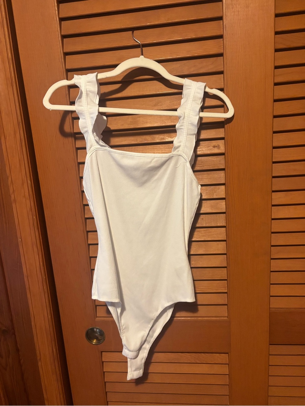 Le Lis White Ribbed Ruffle Strap Bodysuit